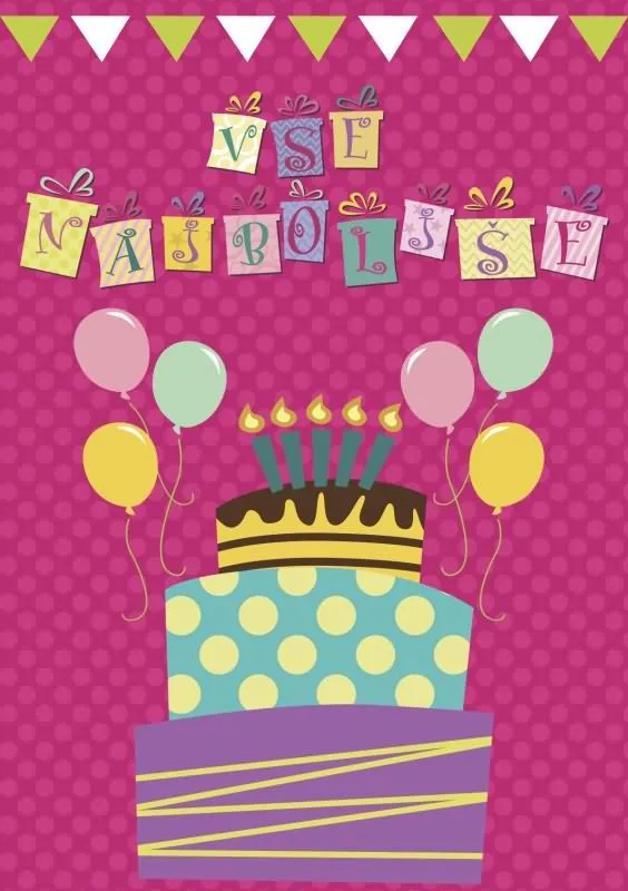 Voščilo, čestitka -  roza, rojstnodnevna torta in baloni, vse najboljše