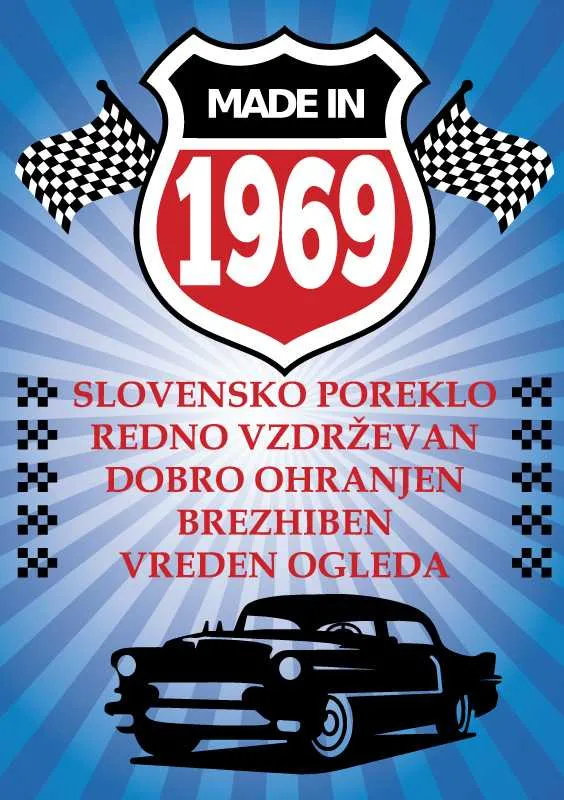 Voščilo, čestitka - modra, avto, made in 1969 - bleščice/zlatotisk