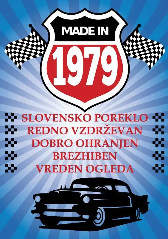 Voščilo, čestitka - modra, avto, made in 1979 - bleščice/zlatotisk