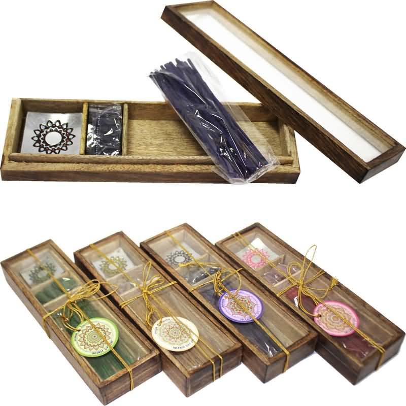 Darilni set, dišeče palčke (30kom) in stožci (10kom) s podstavkom v leseni škatlici, sort.