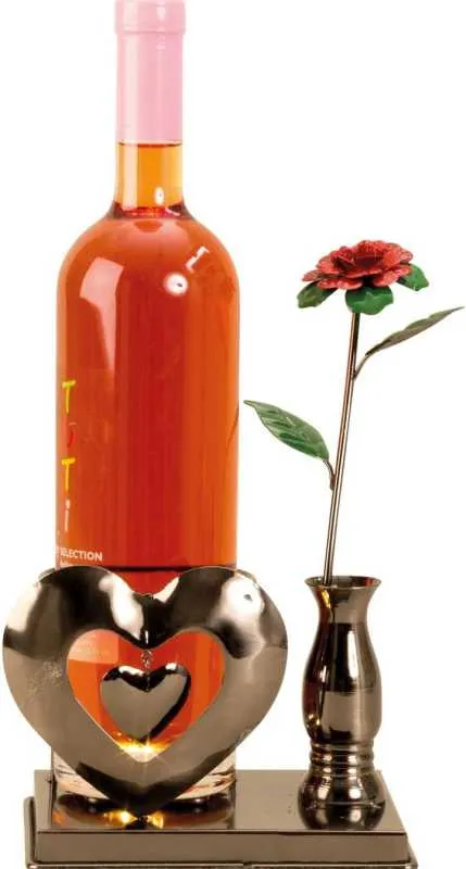 Kovinsko stojalo za buteljko, "Srček ter vrtnica v vazi",  z LED lučko, 15x23cm