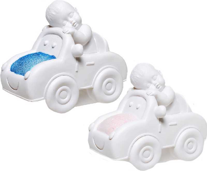 Hranilnik, speči dojenček v avtu, roza/moder, polimasa, 13x14.5 sort.