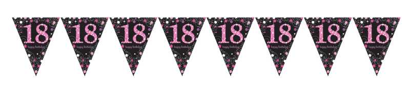 Girlanda zastavice, folija, "18", roza pikice, 11 zastavic, 4m