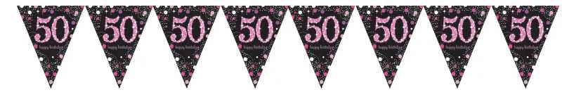 Girlanda zastavice, folija, "50", roza pikice, 11 zastavic, 4m