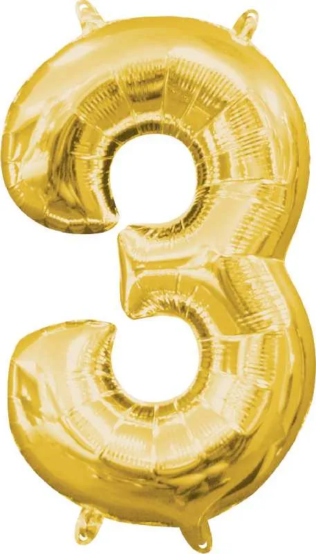Balon napihljiv, "3", zlati, 40cm + palčka za napihnit