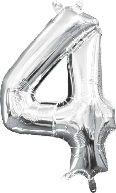 Balon napihljiv, "4", srebrni, 40cm + palčka za napihnit
