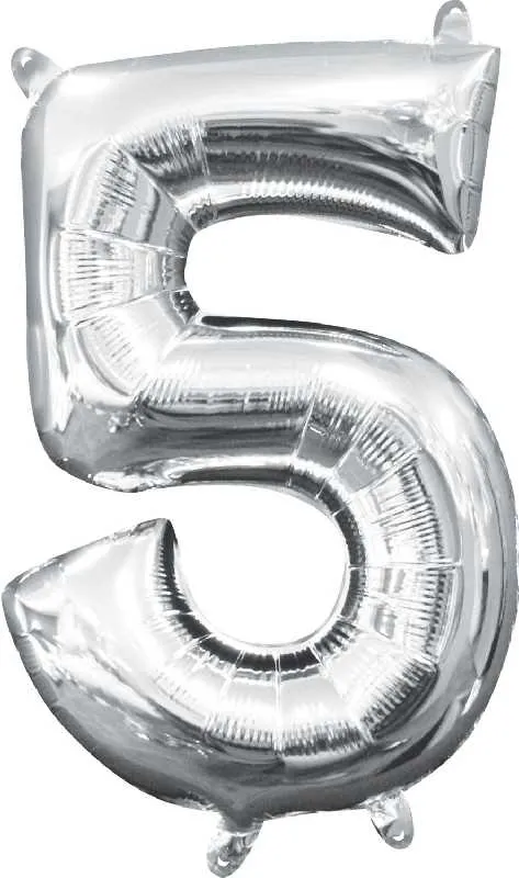 Balon napihljiv, "5", srebrni, 40cm + palčka za napihnit