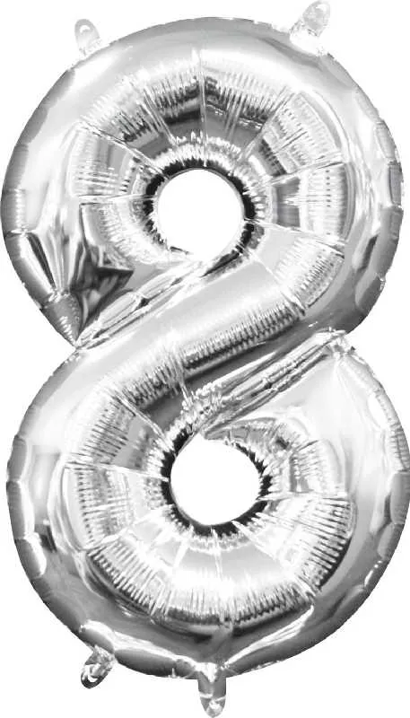Balon napihljiv, "8", srebrni, 40cm + palčka za napihnit