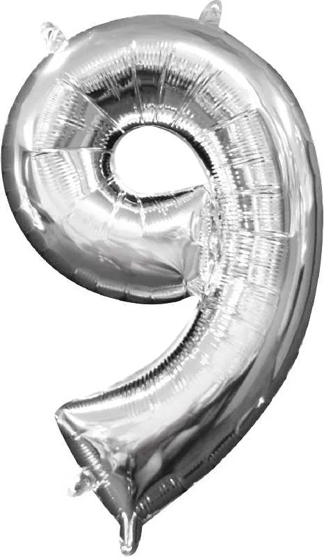 Balon napihljiv, "9", srebrni, 40cm + palčka za napihnit