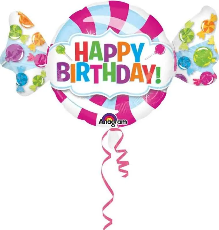 Balon napihljiv, za helij, Happy Birthday, bonbon, pisan, 101x60cm