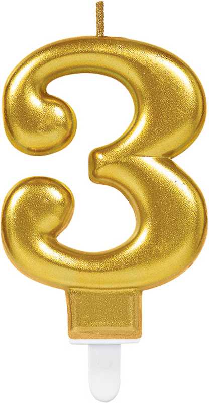 Svečka za torto v obliki številke,"3", zlata, 9cm