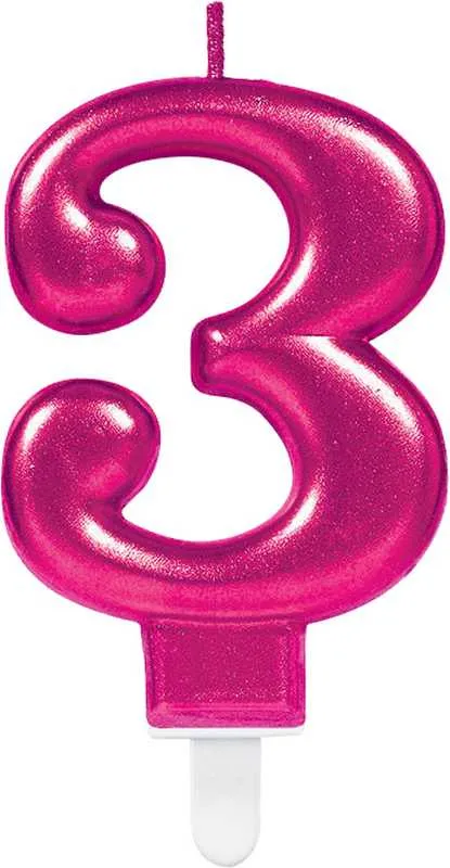 Svečka za torto v obliki številke,"3", roza, 9cm