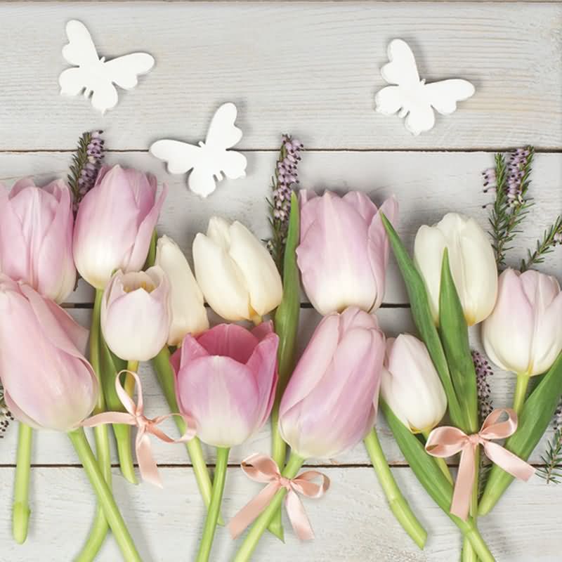 Papirnate serviete, tulipani z metulji, roza, 33x33cm, 20kom