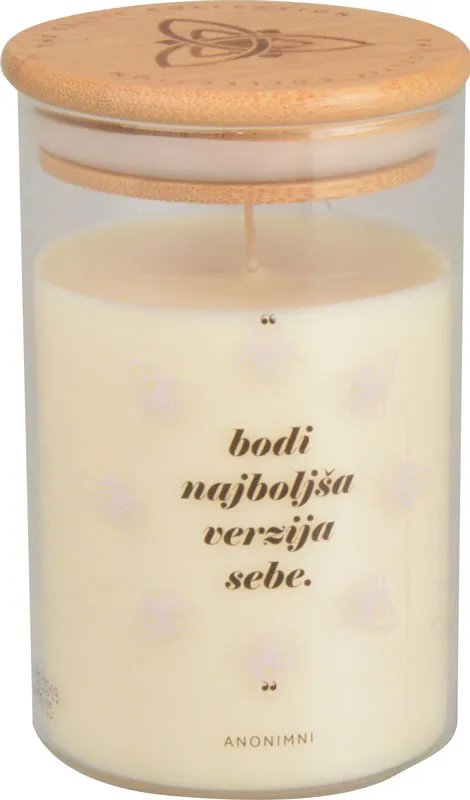Sveča dišeča v steklenem kozarcu z bambusovim pokrovom, vanilija, "Bodi najboljša...", 345g, 12.5cm