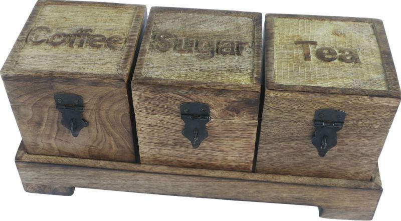 Podstavek s škatlami za čaj, kavo in sladkor, les, 4 delni set