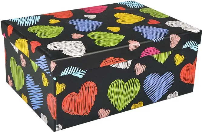 Darilna škatla kartonska črna z barvnimi srčki z bleščicami 33x25,5x15,5cm