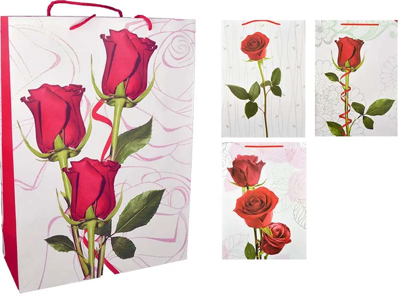 Vrečka darilna, 32x26x12 cm, rdeče vrtnice z bleščicami