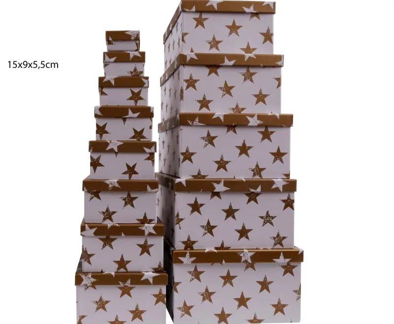 Darilna škatla kartonska zlate zvezde na beli podlagi 15x9x5,5cm