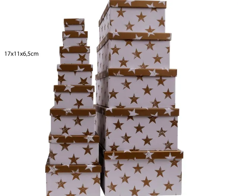 Darilna škatla kartonska zlate zvezde na beli podlagi 17x11x6,5cm