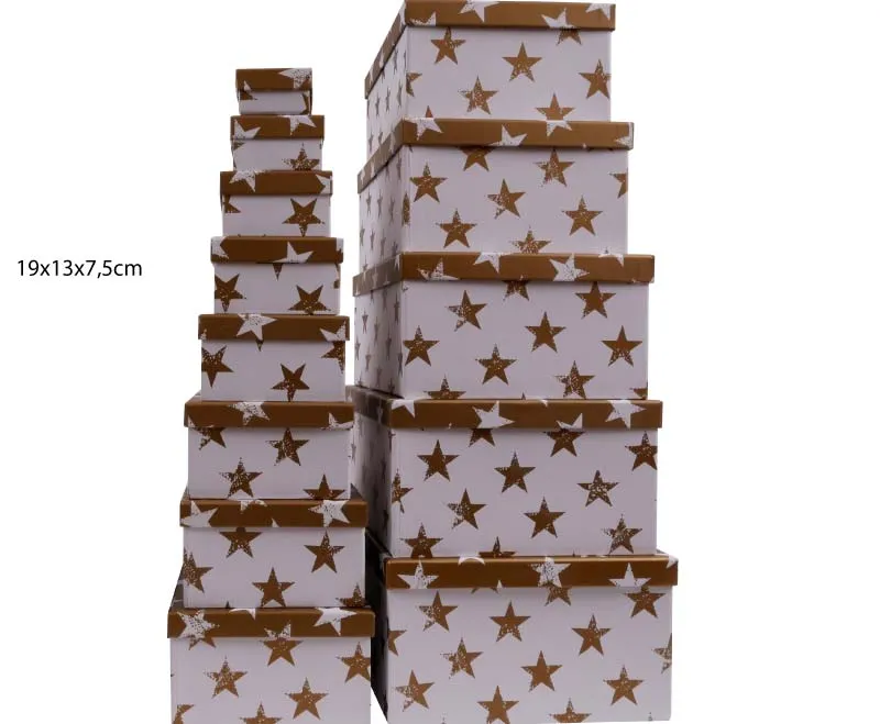 Darilna škatla kartonska zlate zvezde na beli podlagi 19x13x7,5cm