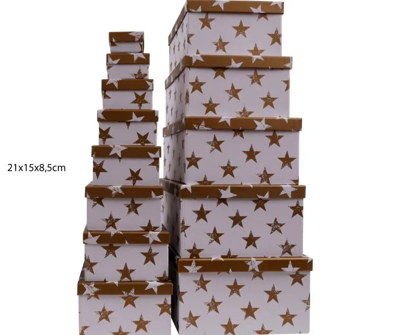 Darilna škatla kartonska zlate zvezde na beli podlagi 21x15x8,5cm