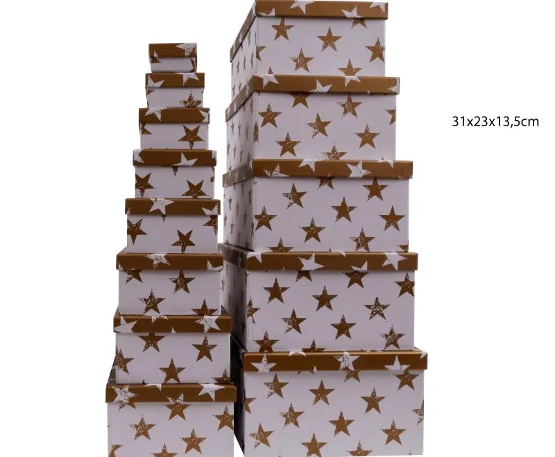 Darilna škatla kartonska zlate zvezde na beli podlagi 31x23x13,5cm