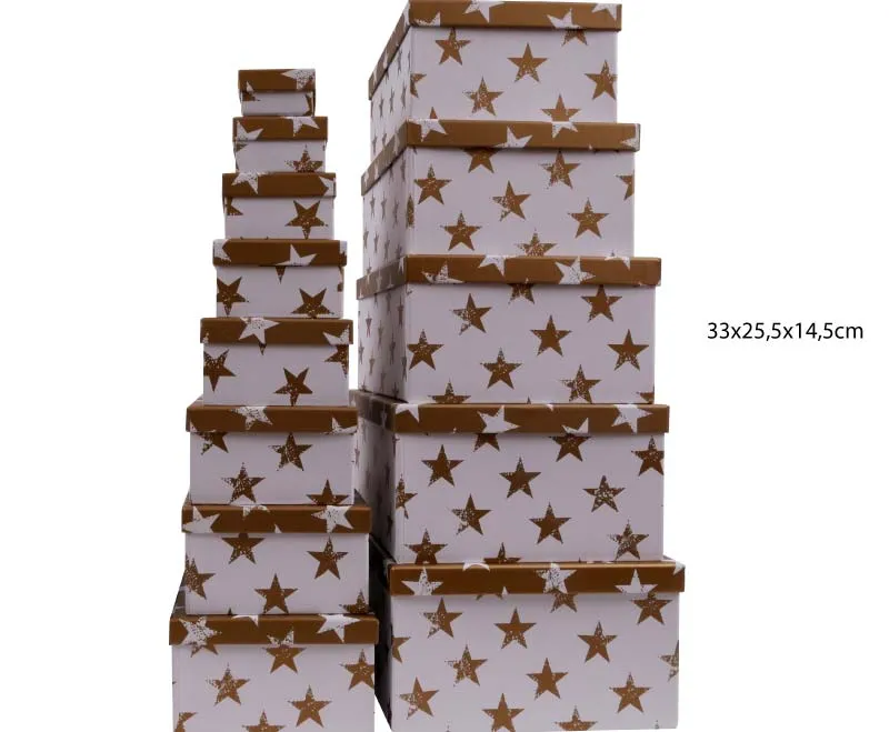 Darilna škatla kartonska zlate zvezde na beli podlagi 33x25,5x14,5cm