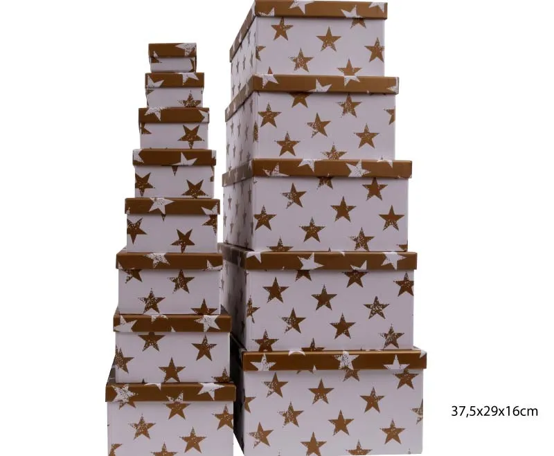 Darilna škatla kartonska zlate zvezde na beli podlagi 37,5x29x16cm
