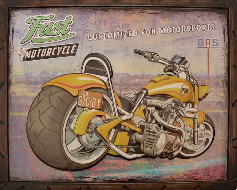 Slika kovinska  rumen motor Fast Motorcycle  44x54x3cm
