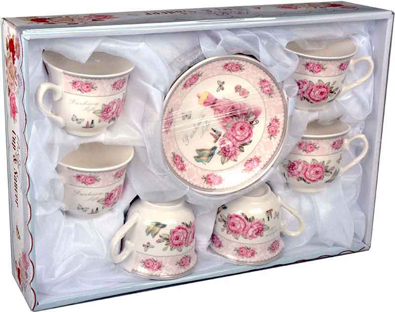 Set skodelic s krožniki, vrtnice, v darilni škatli, keramika, 12/1, 13.5cm