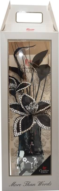 Vaza dekorativna s šopkom rož - črne s srebrno obrobo in biserčki, pvc/karton embalaža 46cm