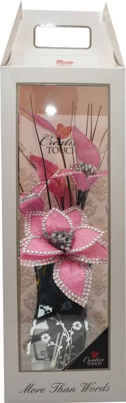 Vaza dekorativna s šopkom rož roza s srebrno obrobo in biserčki, pvc/karton embalaža 46cm