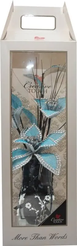 Vaza dekorativna s šopkom rož modra s srebrno obrobo in biserčki, pvc/karton embalaža 46cm