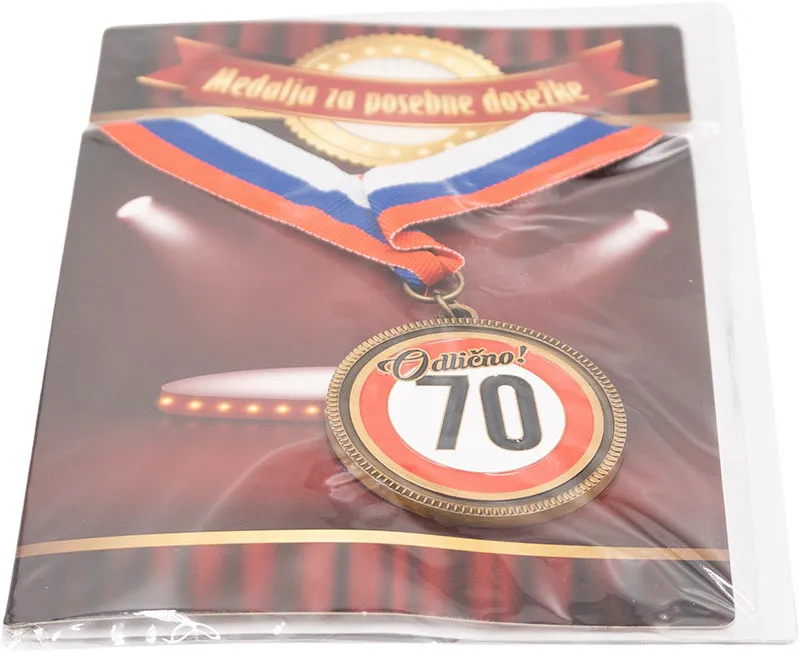 Medalja v darilni kuverti "Odlično! 70", kovinska, 5.5cm