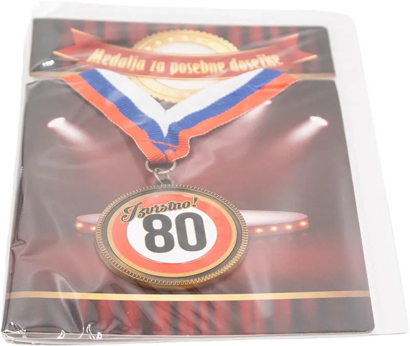 Medalja v darilni kuverti "Izvrstno! 80", kovinska, 5.5cm