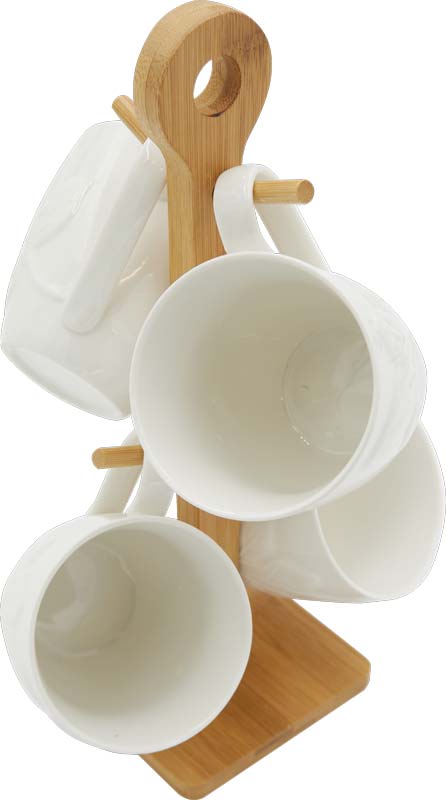 Set skodelic, porcelan, na stojalu iz bambusa, 4x380ml