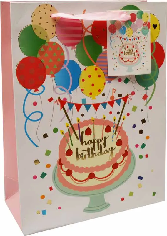Vrečka darilna, 24x18x8 cm, Happy Birthday, baloni, zlatotisk