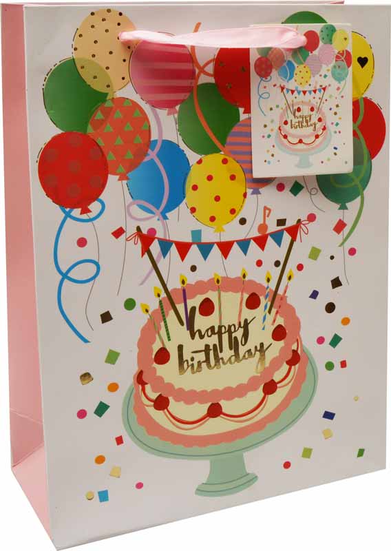 Vrečka darilna, 32x26x10 cm, Happy Birthday, baloni, zlatotisk