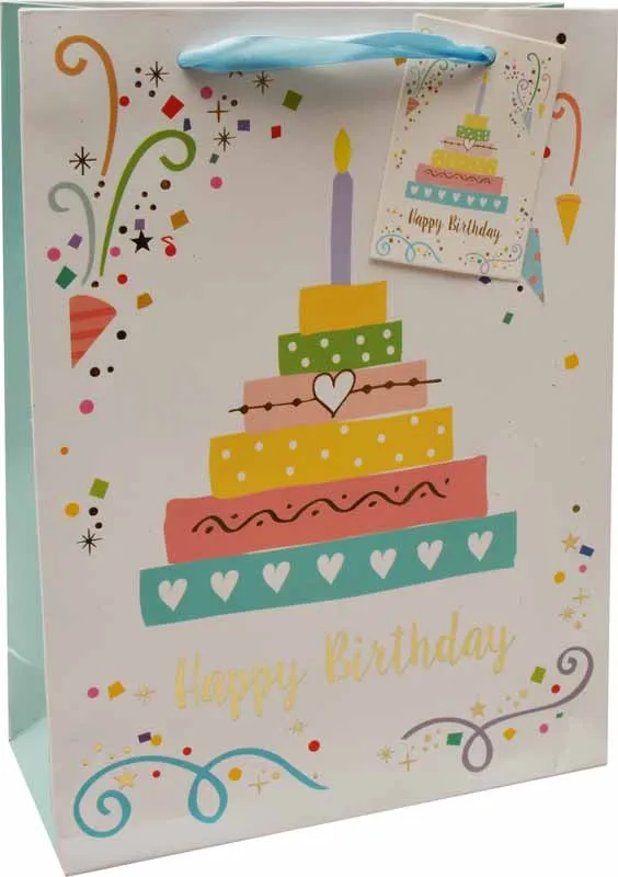 Vrečka darilna, 42x30x12 cm, Happy Birthday, torta, zlatotisk