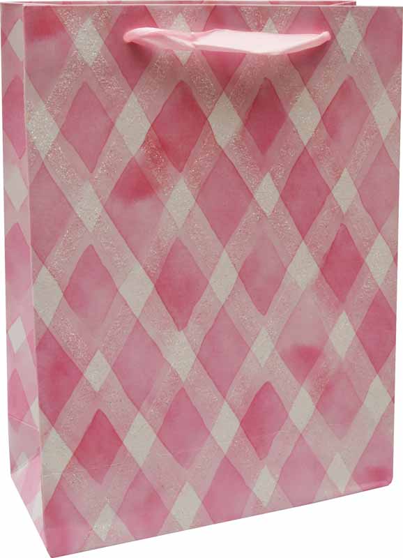 Vrečka darilna, 42x30x12 cm, roza karo, bleščice