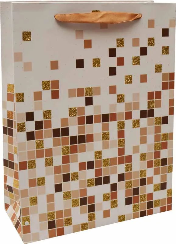Vrečka darilna, 42x30x12 cm, bela, rjave kocke, zlate bleščice