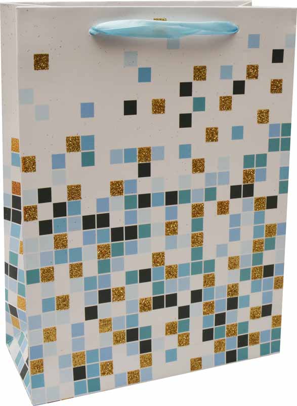 Vrečka darilna, 42x30x12 cm, bela, modre kocke, zlata, bleščice