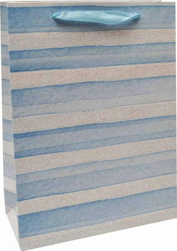 Vrečka darilna, 24x18x8 cm, bela, modre črte, bleščice