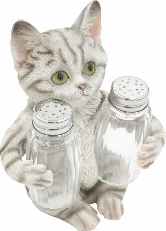 Stojalo za sol in poper v obliki sive mačke, polimasa/steklo, 13x9x14.5cm