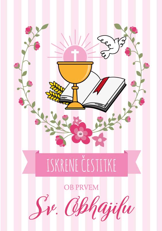 Voščilo, čestitka, Sveto Obhajilo, roza, Iskrene čestitke ob prvem Sv. Obhajilu - bleščice