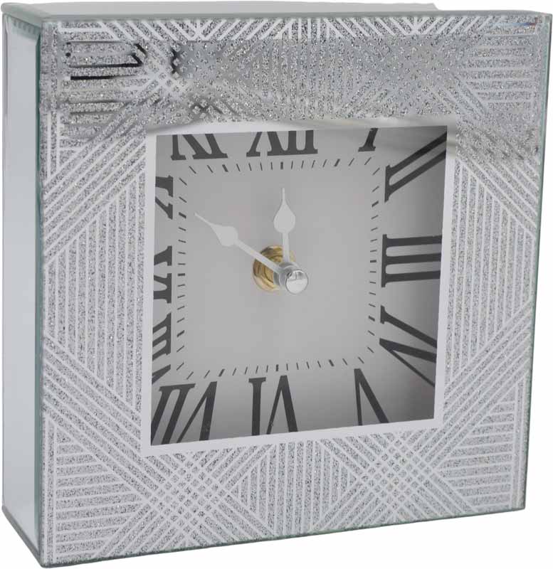 Ura namizna steklena, črte s srebrnimi bleščicami, 15x15x4.5cm