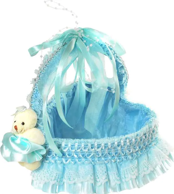 Košarica srce dekorativna z medvedkom in z ročajem modra, 22x18cm