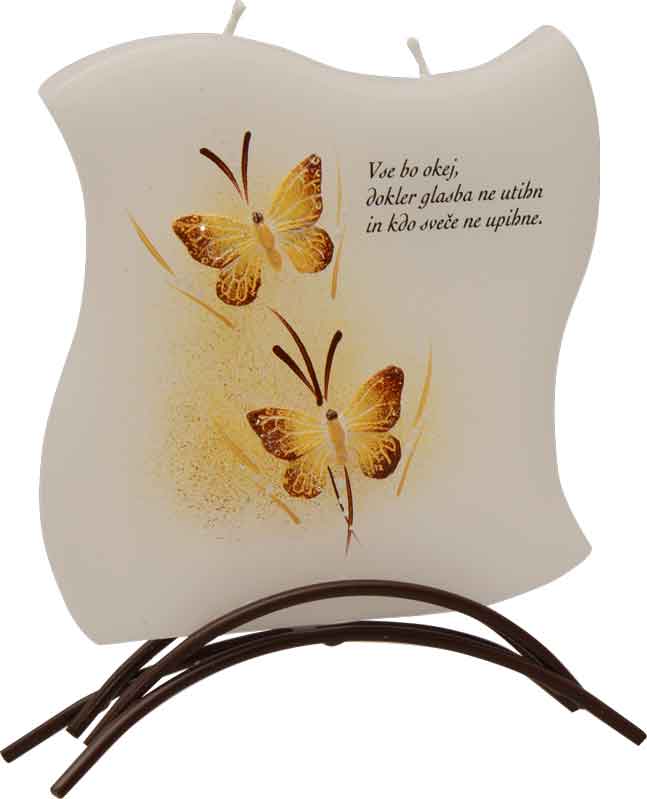 Sveča dišeča na stojalu, rjava metulja - Vse bo okej, dokler glasba..., v darilni embalaži, 14.5x14.5cm