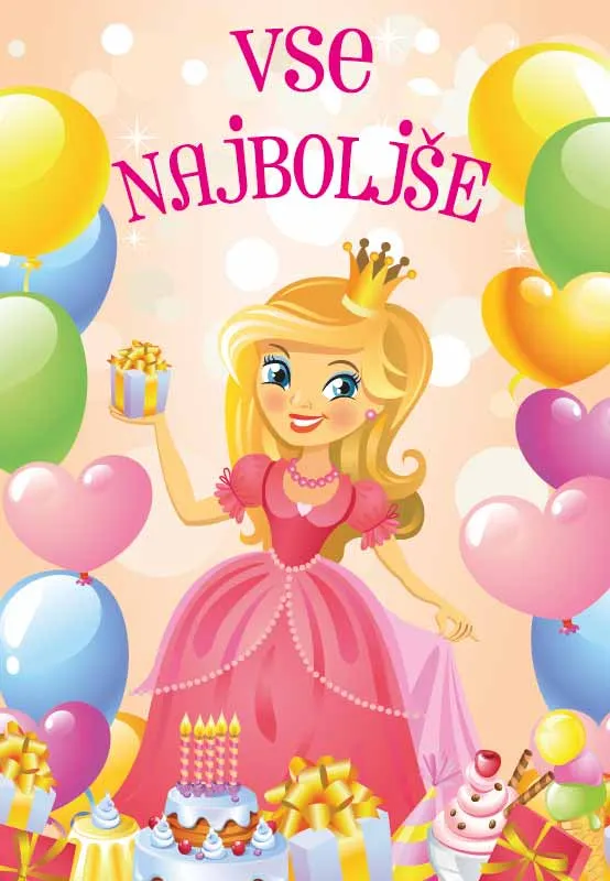 Voščilnica za rojstni dan, Vse najboljše, princeska z baloni, darili in torto