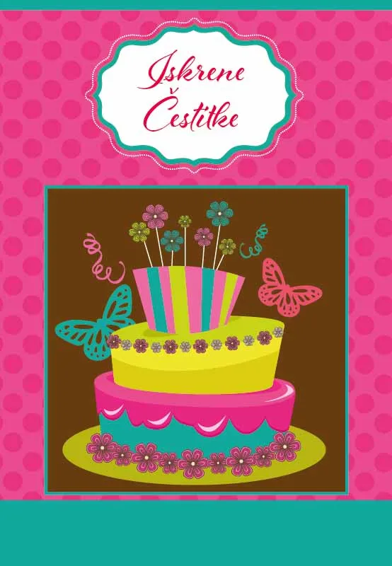 Voščilnica za rojstni dan, roza, " Vse najboljše", torta z metulji